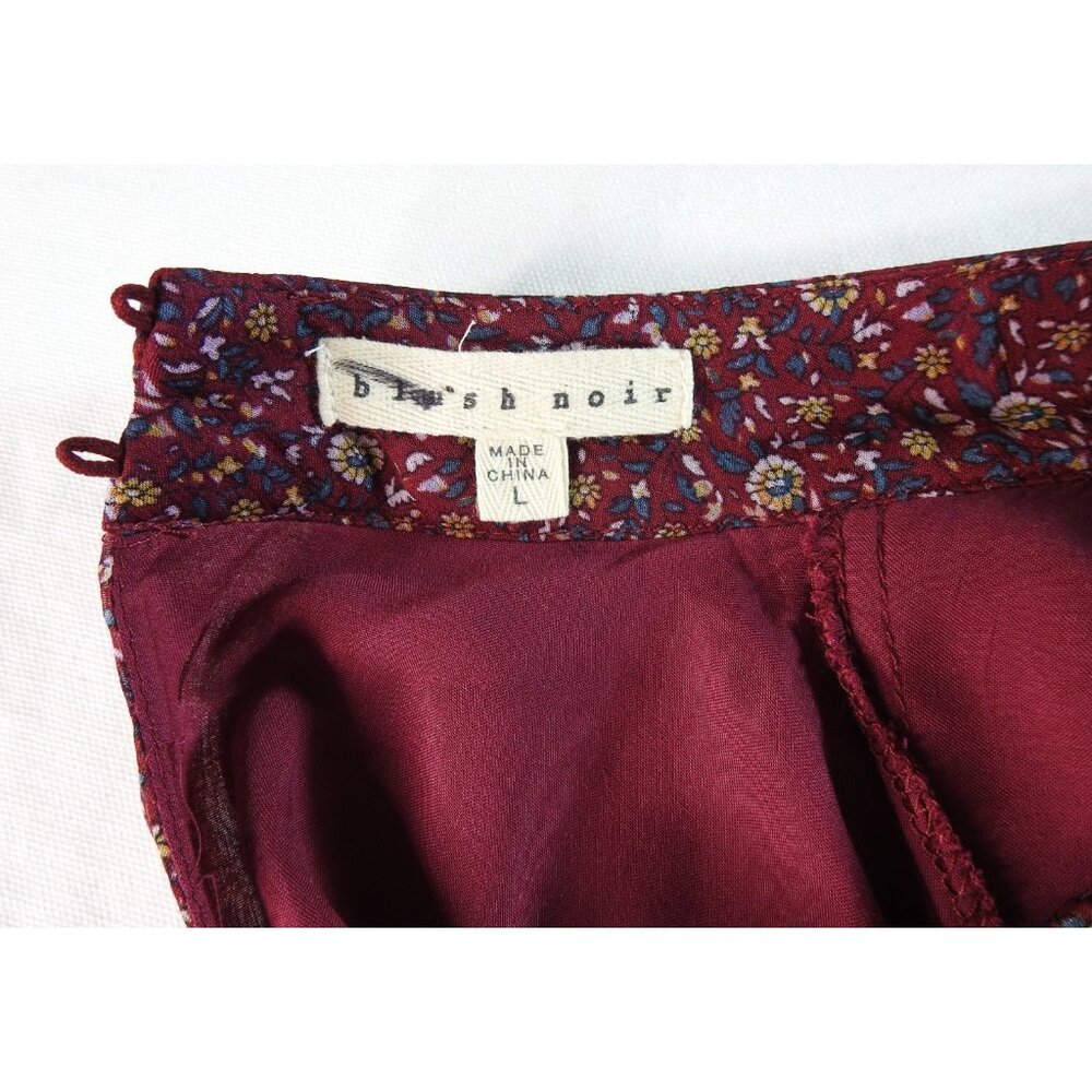 Blush Noir Women’s Floral Sheer Lined Ruffle Blouse Sz Large Burgundy Neck Bib - Picture 7 of 12